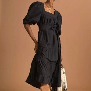 Anthropologie Love the Label Black Poplin Dress with puff sleeves and belt